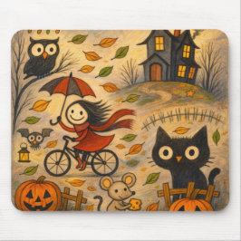 Halloween Cat & Bicycle Girl Mousepad Musmatta