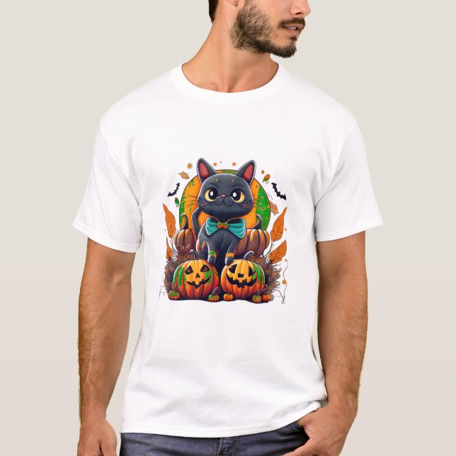 Halloween Cat Costume Pumpkin T Shirt (Framsida)