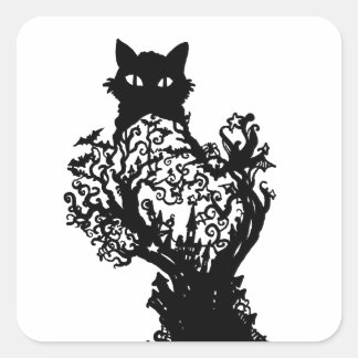 Halloween Cat Diorama med fladdermus-slottsstjärno Fyrkantigt Klistermärke