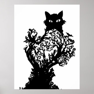 Halloween Cat Diorama med fladdermus-slottsstjärno Poster