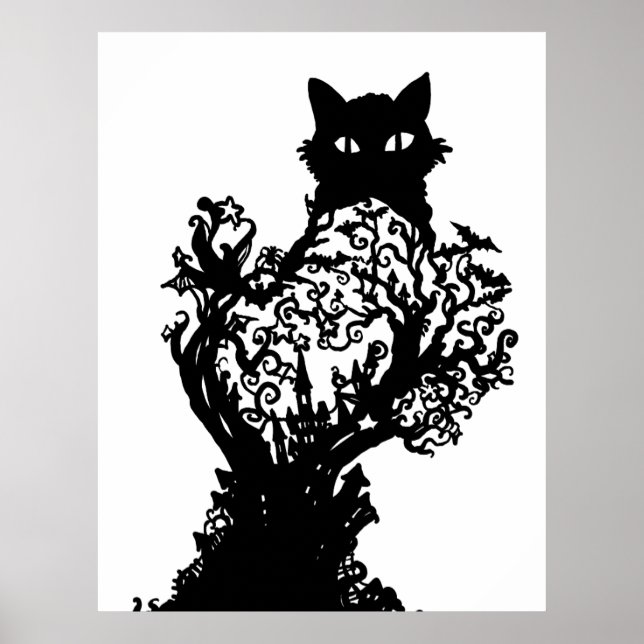 Halloween Cat Diorama med fladdermus-slottsstjärno Poster (Framsidan)