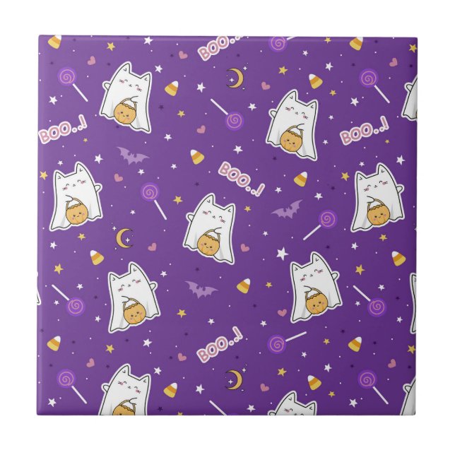 Halloween Cat Ghost Ceramic Tile Kakelplatta (Framsidan)