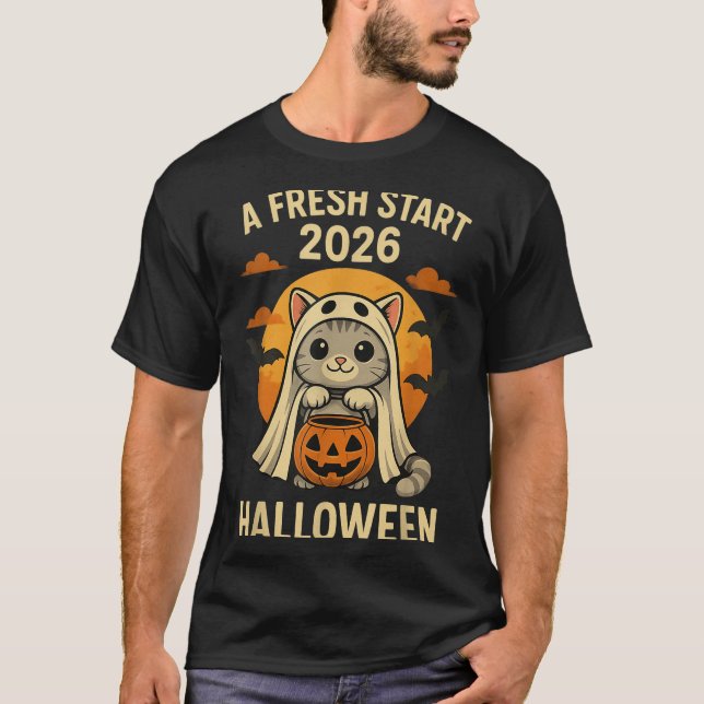 Halloween Cat Ghost Graphic - Fresh Start 2026  T Shirt (Framsida)