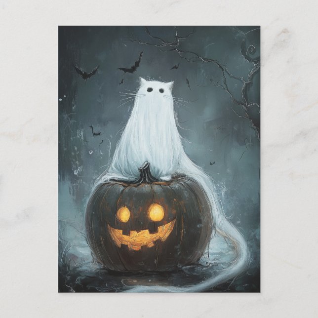 Halloween Cat Ghost på Jack o lantern Vykort (Framsida)