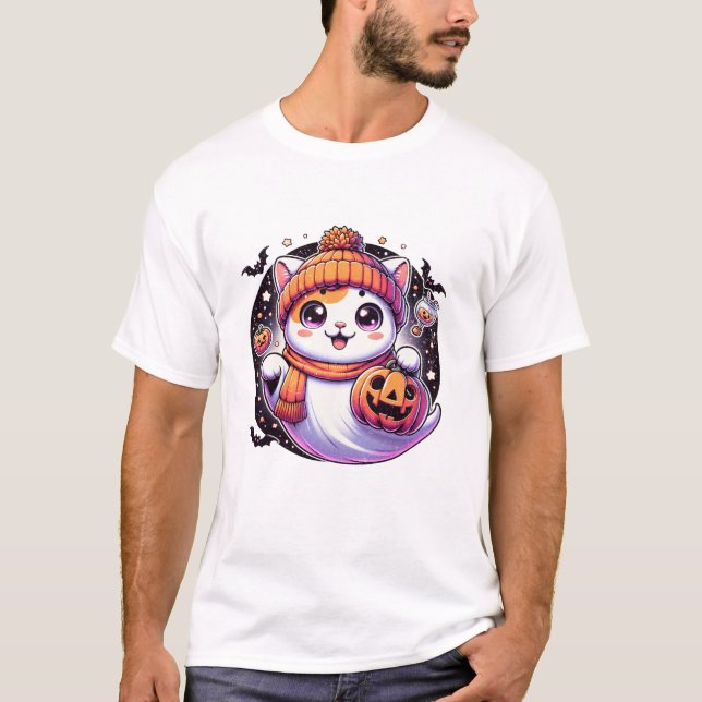 Halloween cat Ghost Pumpkin Fall T Shirt (Framsida)