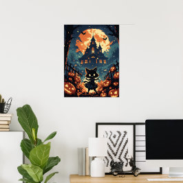 Halloween Cat Girl at the Haunted House Poster
