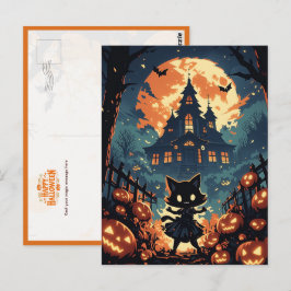 Halloween Cat Girl at the Haunted House Vykort