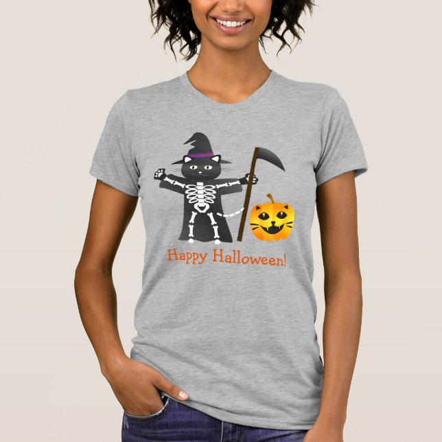 Halloween Cat Grim Reaper T Shirt (Framsida)