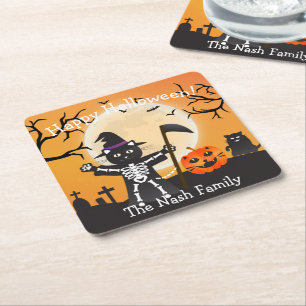 Halloween Cat Grim Reaper Underlägg Papper Kvadrat