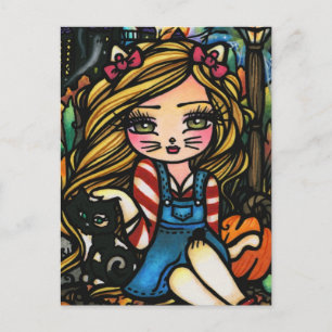 Halloween Cat Haunted House Girl Fantasy Art Vykort