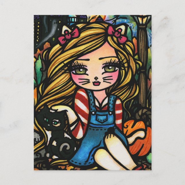 Halloween Cat Haunted House Girl Fantasy Art Vykort (Framsida)