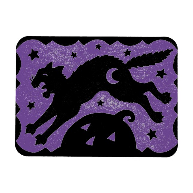 HALLOWEEN CAT JUMPING ÖVER PUMPKIN, SVART & LILA MAGNET (Horisontell)