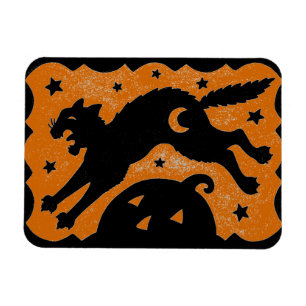 HALLOWEEN CAT JUMPING ÖVER PUMPKIN, SVART & ORANGE MAGNET