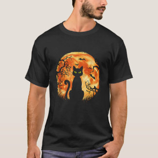 Halloween Cat Måne Fladdermus Scary Black Cat Nigh T Shirt