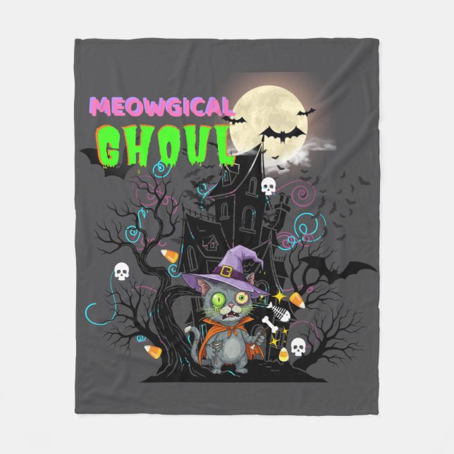 Halloween Cat ’Meowgical Ghoul’ Witch Kitten Fleecefilt (Framsidan)