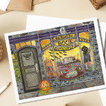 Halloween Cat och Bok Shop Vykort<br><div class="desc">Denna söta Halloween-målning i bok skapades som oktober-sida i en kalenderserie med vattenfärgsplagg. Med ett snyggt men sött visning från bok-butiken, fullt av häxaktig décor, förtjusande bokar, fladdermus-dekorationer, skrotade pumpor, magisk trollformel bokar och ett sömnig grått kattunge Uggla, är The Night Bok Shoppe öppen för affärsverksamhet. En jack o lantern...</div>