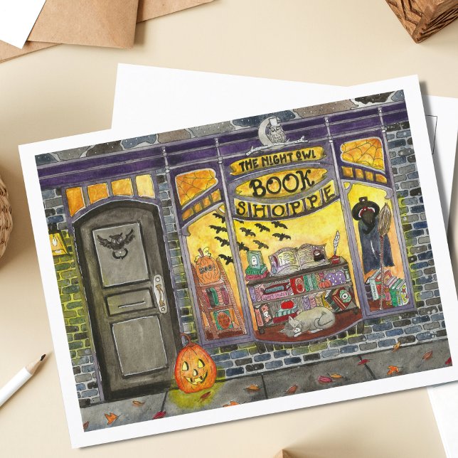 Halloween Cat och Bok Shop Vykort (Skapare uppladdad)