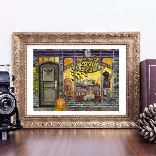 Halloween Cat och Bok Shop Watercolor Poster
