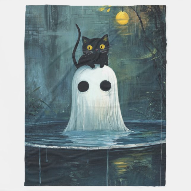 Halloween Cat och Ghost i Bassäng Fleecefilt (Framsidan)