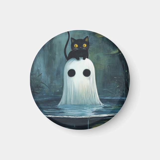 Halloween Cat och Ghost i Bassäng Magnet (Framsidan)
