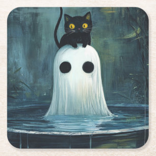 Halloween Cat och Ghost i Bassäng Underlägg Papper Kvadrat