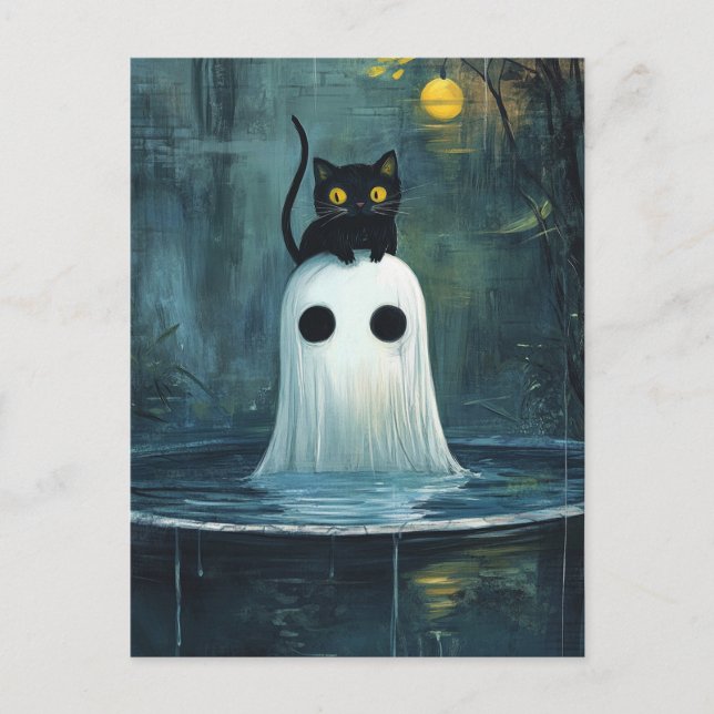 Halloween Cat och Ghost i Bassäng Vykort (Framsida)