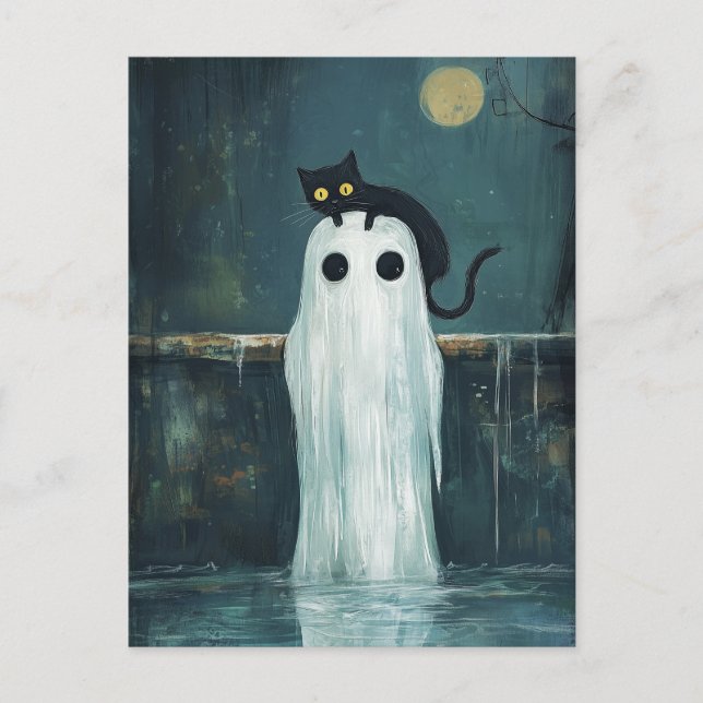 Halloween Cat och Ghost i Bassäng Vykort (Framsida)