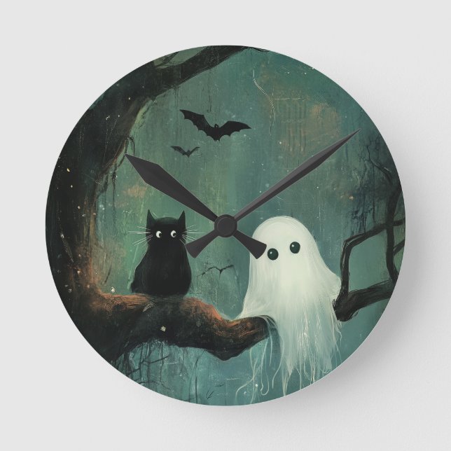 Halloween Cat och Ghost Rund Klocka (Framsida)
