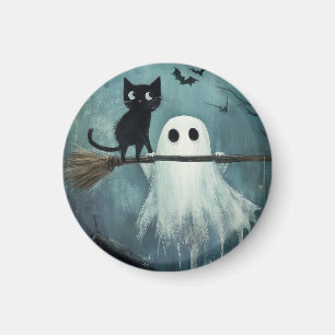 Halloween Cat och Ghost som flyger på Broom Magnet