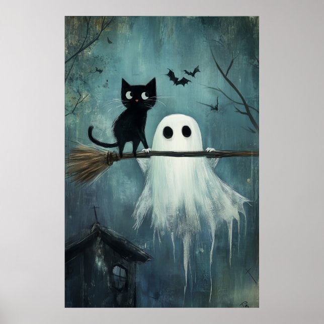 Halloween Cat och Ghost som flyger på Broom Poster (Framsidan)