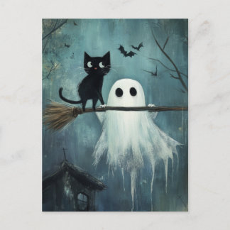 Halloween Cat och Ghost som flyger på Broom Vykort