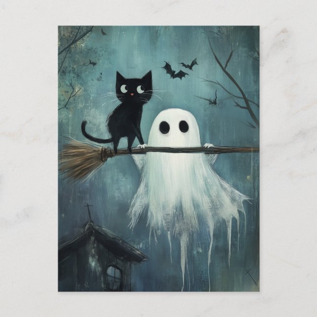 Halloween Cat och Ghost som flyger på Broom Vykort (Framsida)