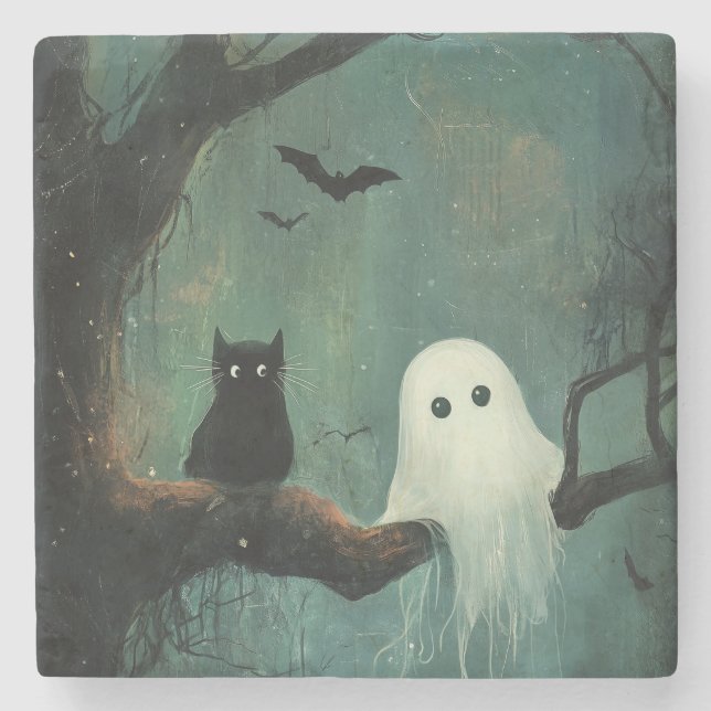 Halloween Cat och Ghost Stenunderlägg (Framsidan)