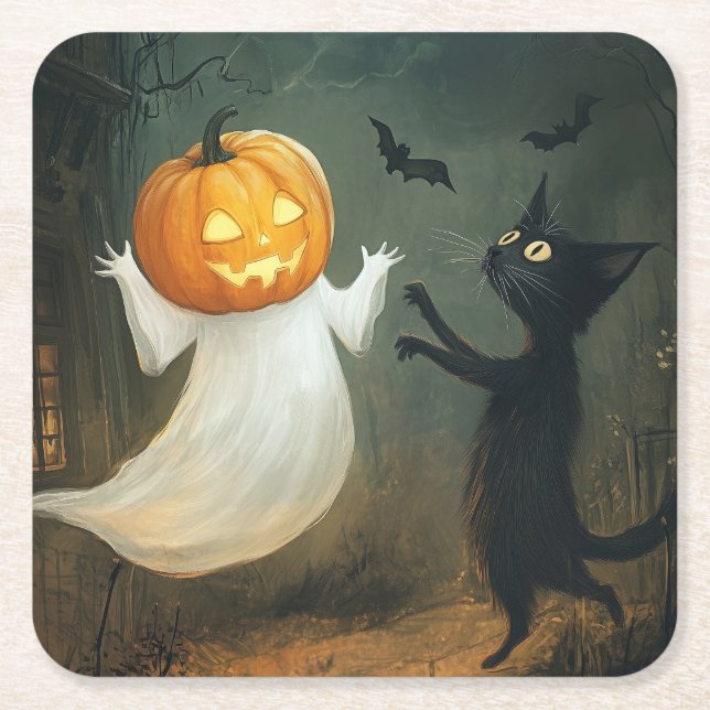 Halloween Cat och Ghost Underlägg Papper Kvadrat (Framsidan)