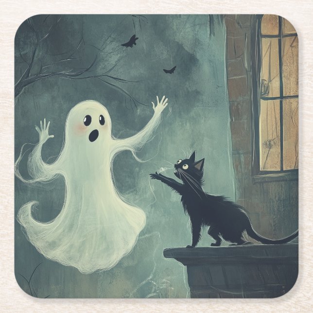 Halloween Cat och Ghost Underlägg Papper Kvadrat (Framsidan)