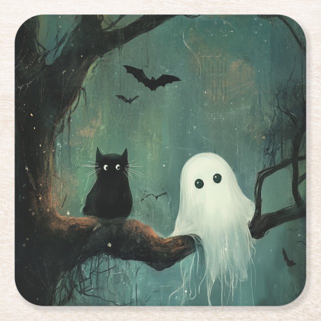 Halloween Cat och Ghost Underlägg Papper Kvadrat (Framsidan)