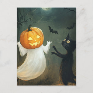 Halloween Cat och Ghost Vykort