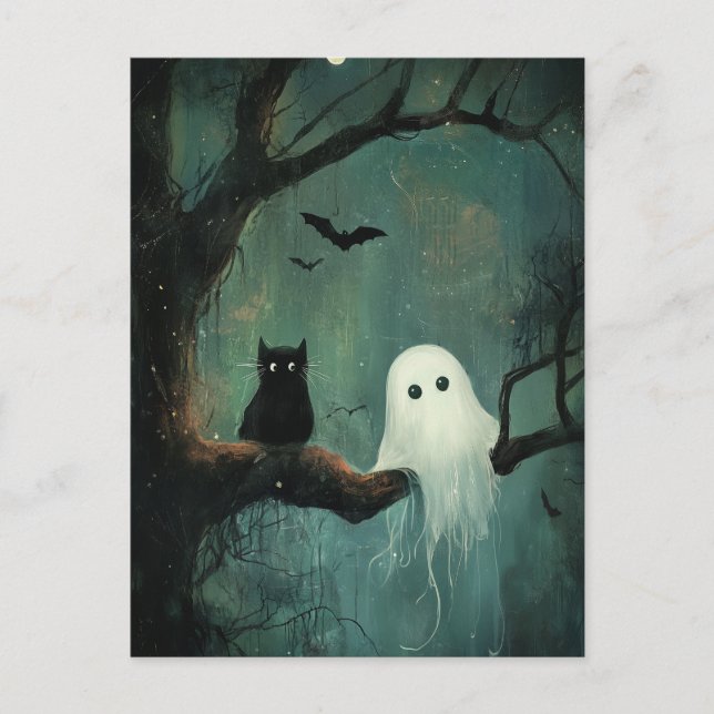 Halloween Cat och Ghost Vykort (Framsida)