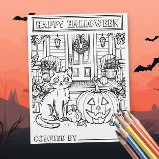 Halloween Cat och Pumpkin Coloring Page