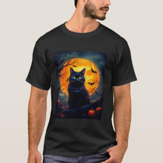 Halloween Cat Orange Måne och Fladdermus och Scary T Shirt