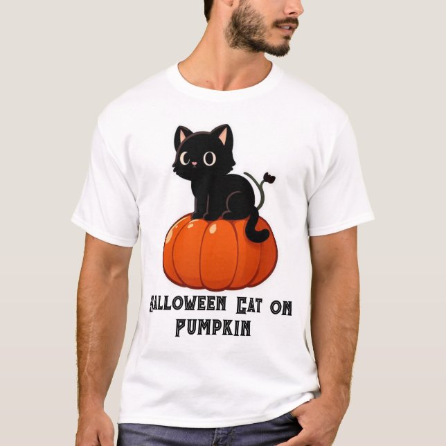 Halloween Cat på Pumpkin T Shirt (Framsida)