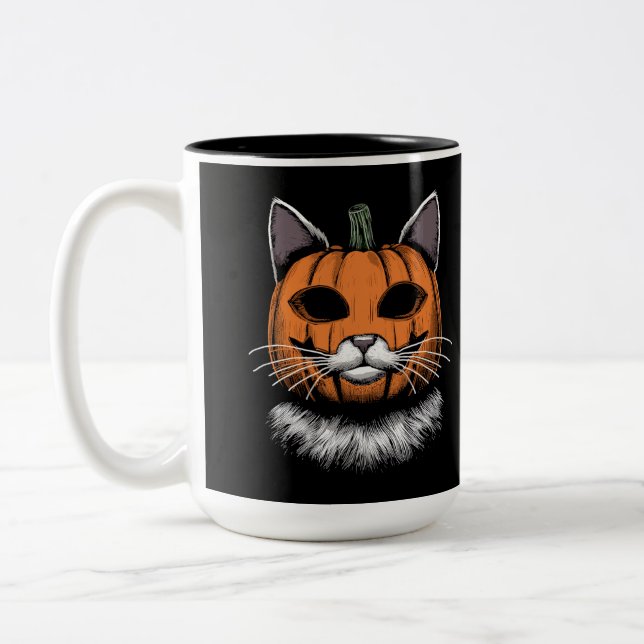 Halloween Cat, Pumpkin Ansikte Två-Tonad Mugg (Vänster)