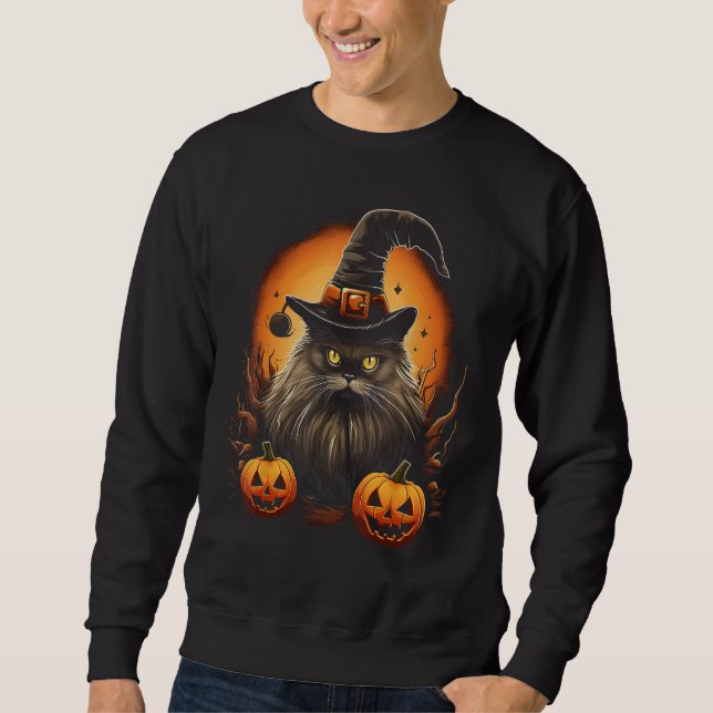 Halloween Cat Pumpkin Costume Witch Hat Black Cat Lång Ärmad Tröja (Framsida)
