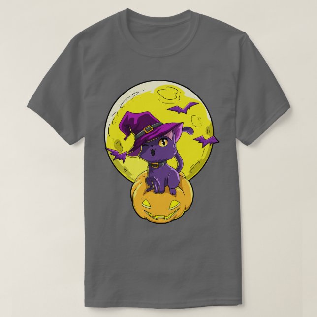Halloween Cat Pumpkin Måne T Shirt (Design framsida)