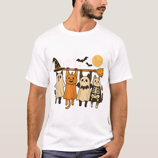Halloween Cat Pumpkin Skeleton T Shirt (Framsida)