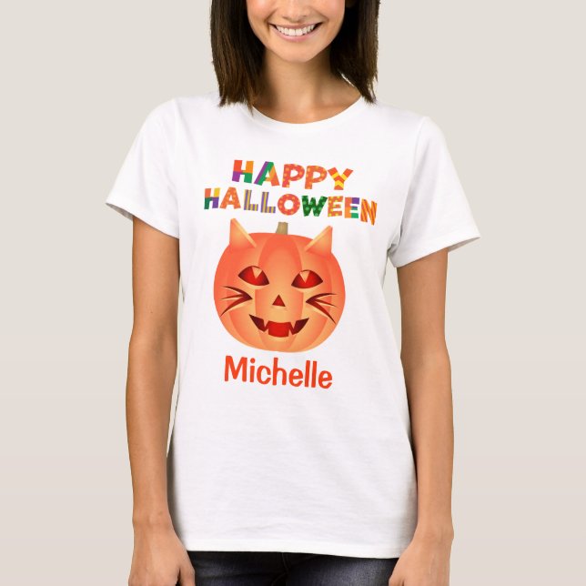 Halloween Cat Pumpkin T Shirt (Framsida)