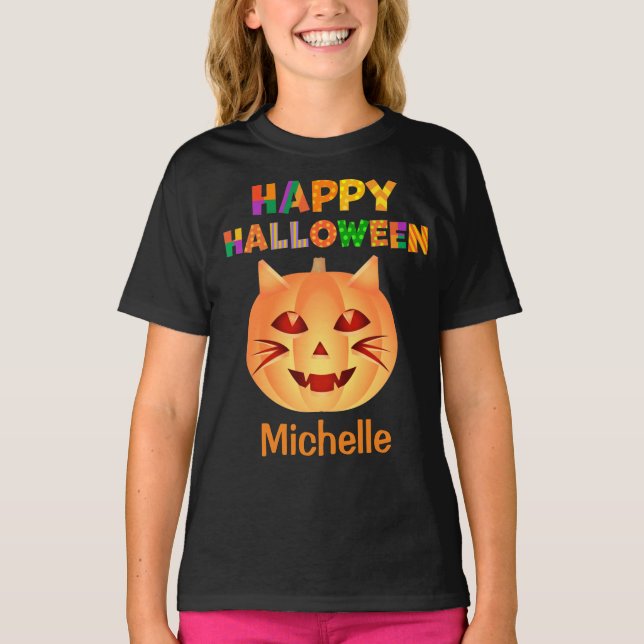 Halloween Cat Pumpkin T Shirt (Framsida)