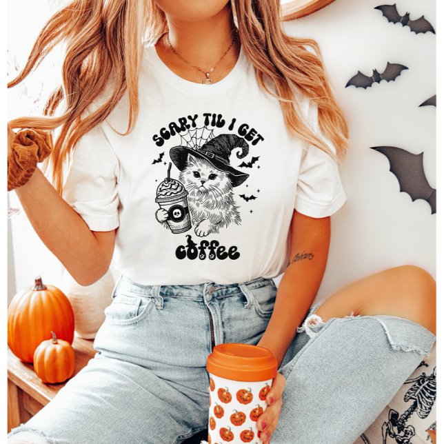 Halloween Cat Scary Til Jag hämtar kaffe T Shirt (Skapare uppladdad)