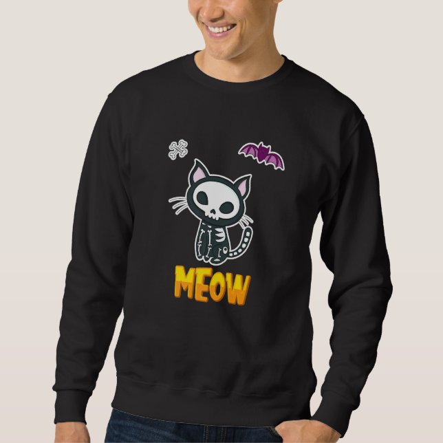 Halloween Cat Skeleton Bus eller godis Fladdermus  Lång Ärmad Tröja (Framsida)