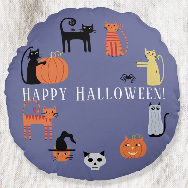 Halloween Cat Spooky Rund Kudde (Fun Halloween Cats round pillow)
